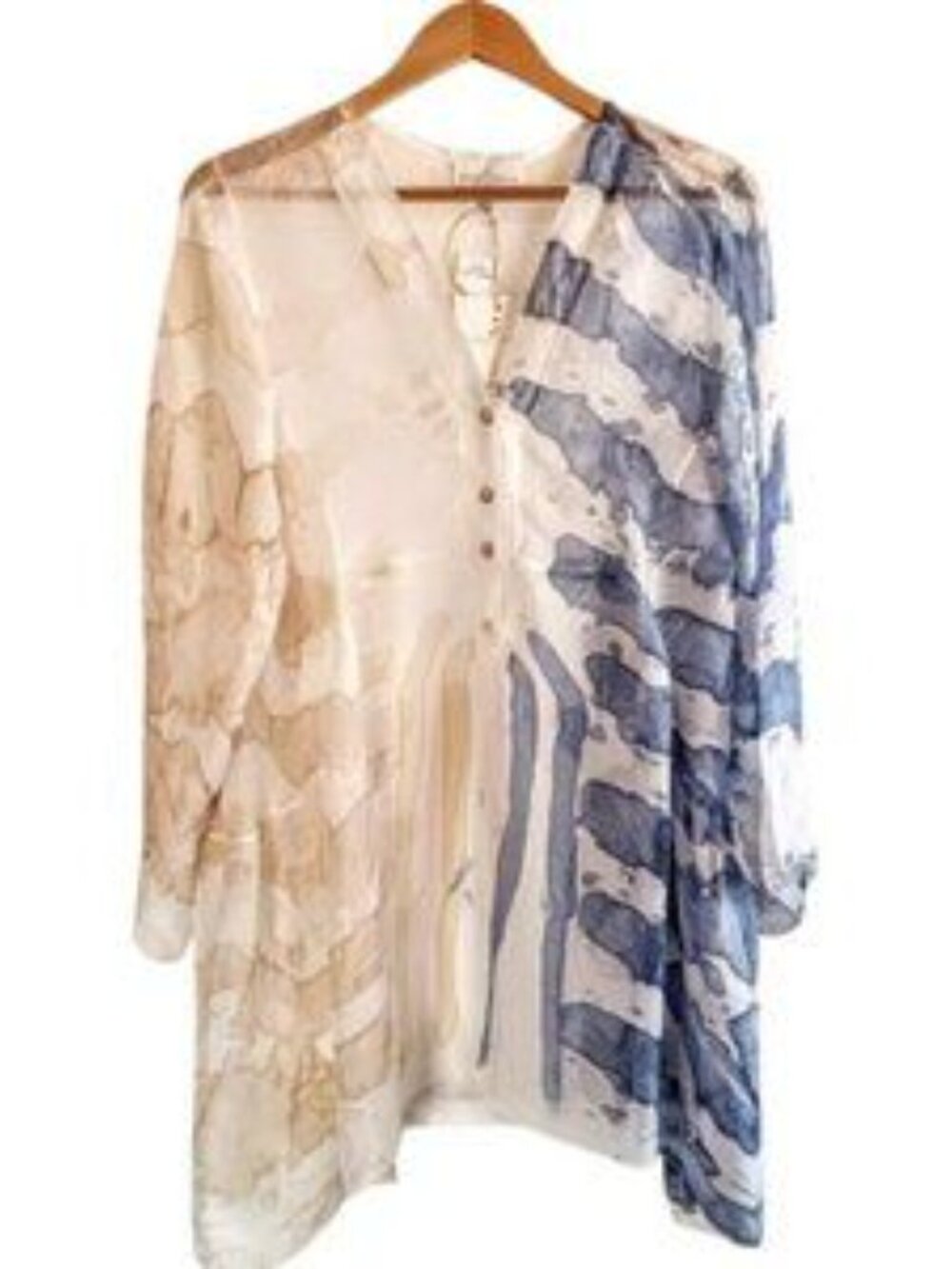 Belle France Made in Italy Asymmetrical Tunic XL Blue Beige Sheer Boho Top